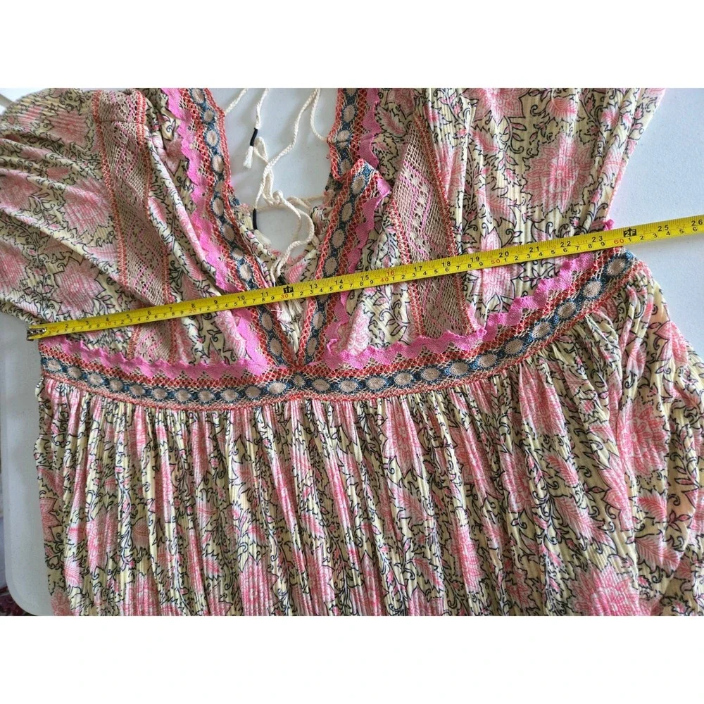 Free People XL Pink Floral Crochet Lace Moon Child Balloon Sleeve Dress Oversize
